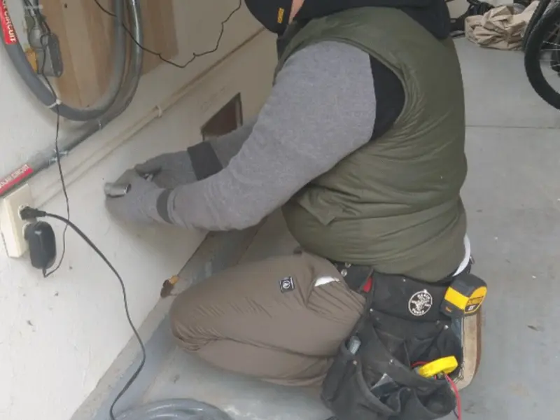 Electrician performing outlet wiring in a Uvalde garage